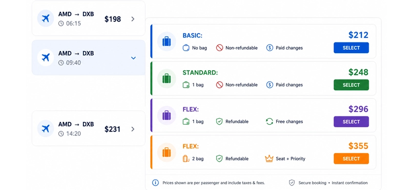 Vertical accordion fare family display in Amadeus flight booking platform
